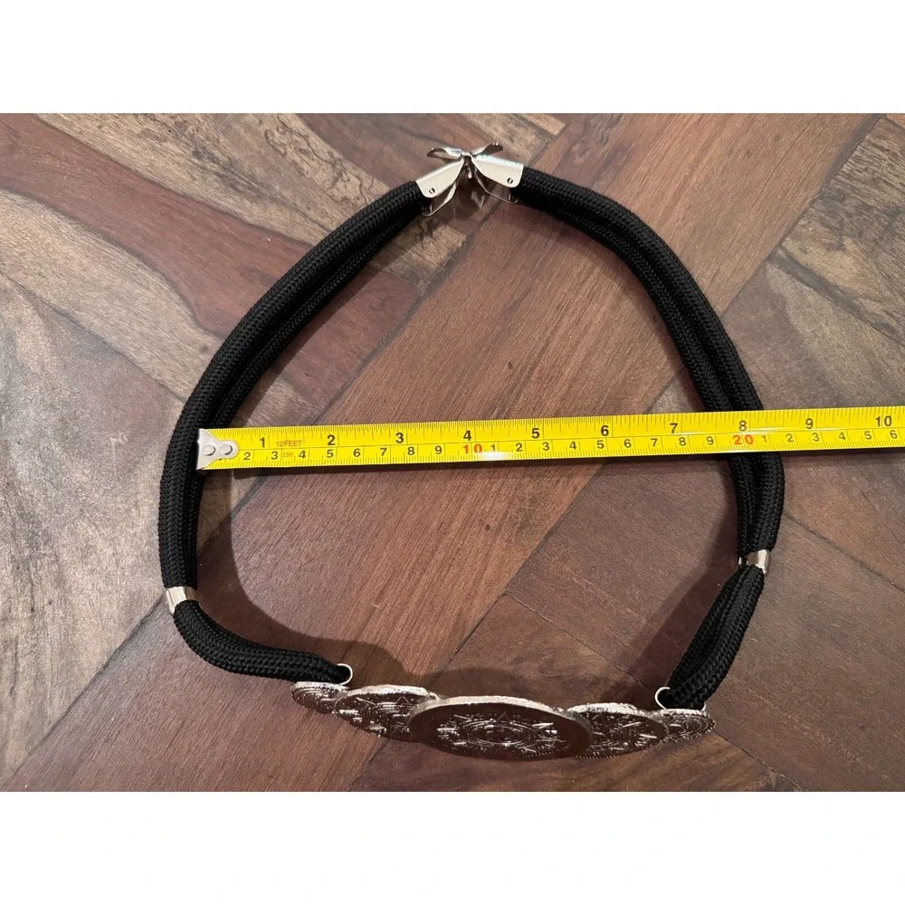 Vintage 80's‎ Silver Tone Medallion Belt Buckle on Rope Belt Women's Black